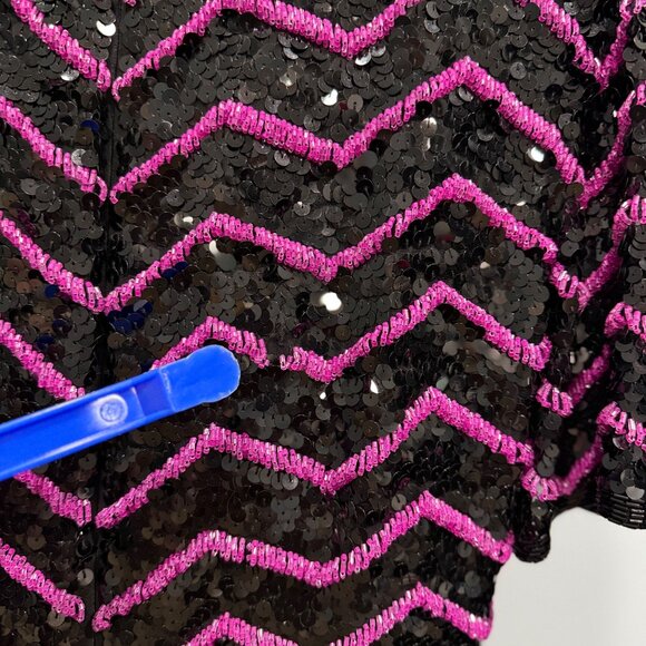 VTG 80s Glam Joan Leslie Black Silk Pink Chevron Sequin Dress Cocktail Size S? - Picture 14 of 15